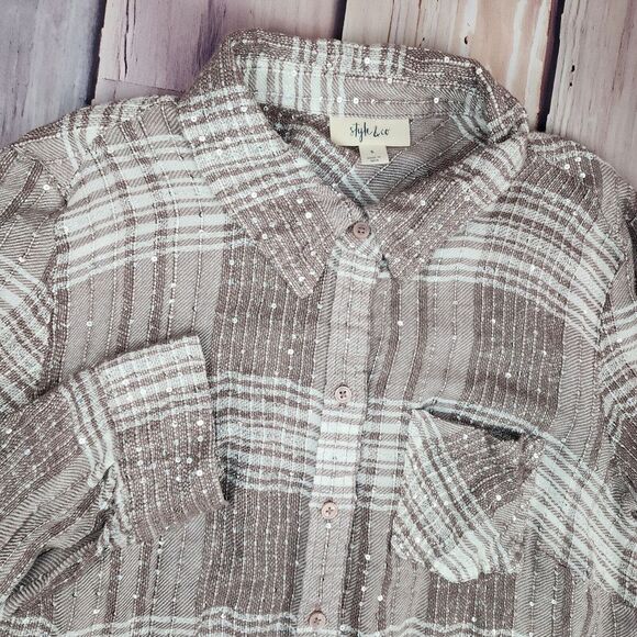 Style & Co. Tops - Style & Co Button Up Shirt Women's Small Long‎ Sleeve Top Sequin Sparkle Taupe